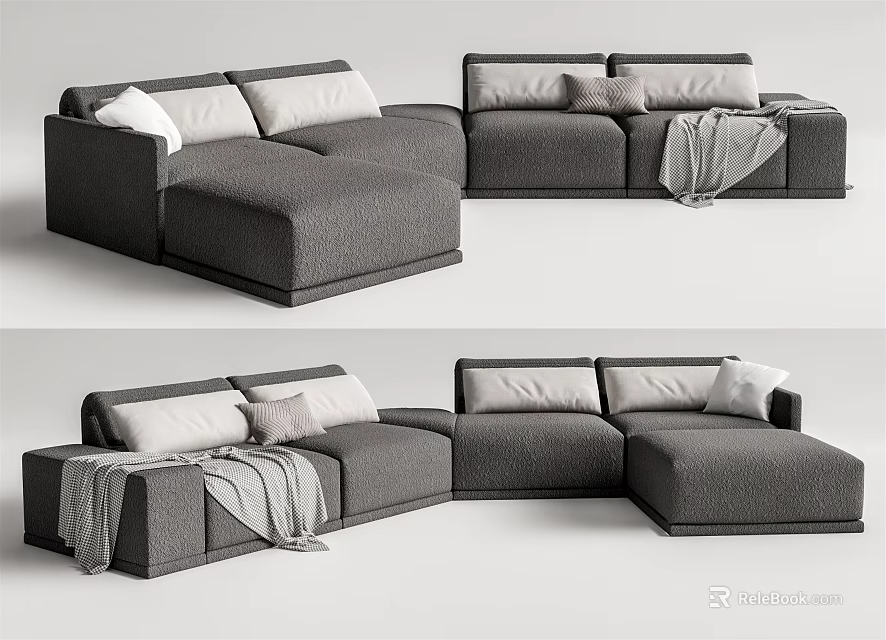 Modern Gray L Shaped Sectional Sofa with Soft Cushions and Throw Blanket 3d model