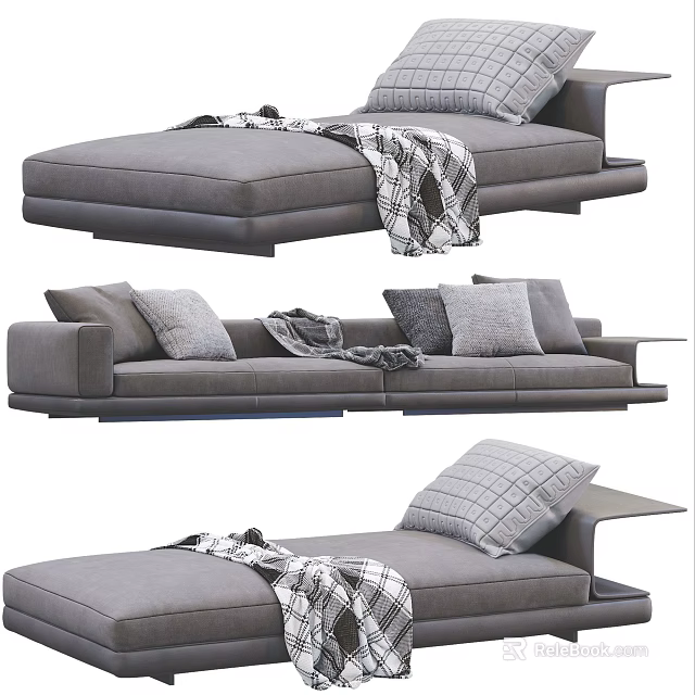 Modern Gray Sectional Sofa With Plush Pillows Patterned Blanket And Sleek Design 3d model