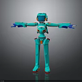 Turquoise Robot Character With Orange Details Red Feet Standing Arms Outstretched 3D Model Pose
