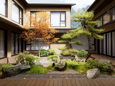 Japanese Traditional Courtyard Garden Featuring Maple Pine Trees Mossy Stones And Wooden Deck 3d model