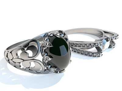 Elegant Silver Rings Featuring Oval Black Gemstone And Diamond Studded Filigree Design 3d model