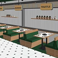 Seafood Truffle Restaurant With Green Booths Wooden Tables And Cozy Interior