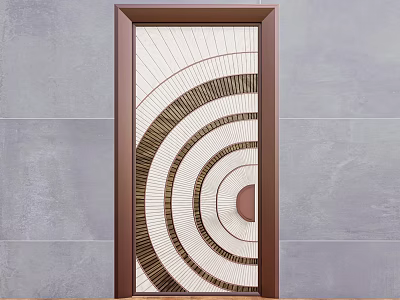 Modern Security Door With Circular Decorative Pattern And Brown Metal Frame 3d model