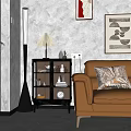 Modern Buffet Cabinet in Living Room with Brown Leather Sofa Decorative Pillow and Wall Art