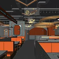 Modern Stylish Hotpot Restaurant Interior With Red Leather Seats Marble Tables And Neon Lights