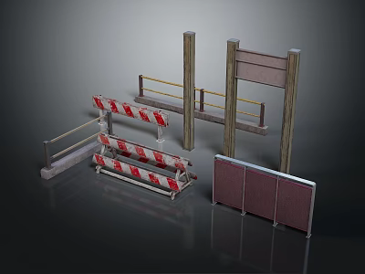 Construction Site Traffic Barriers With Railings Posts And Red White Warning Panels 3d model