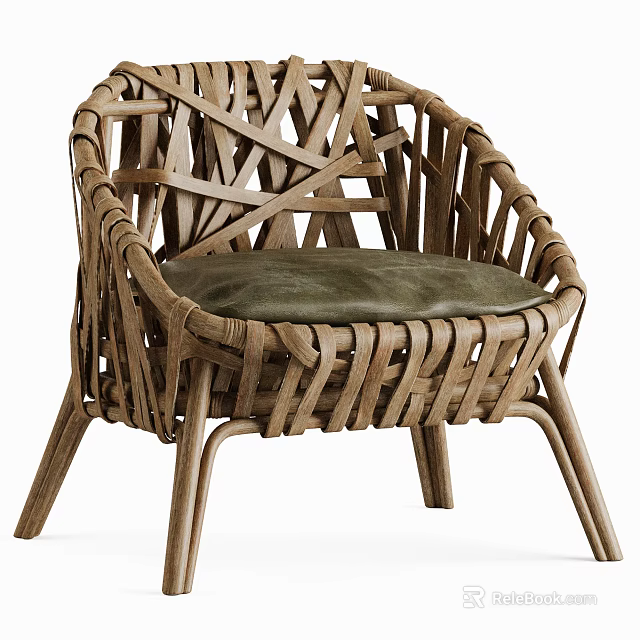 Natural Rattan Leisure Chair With Interwoven Back Design Green Leather Cushion And Wooden Legs 3d model 