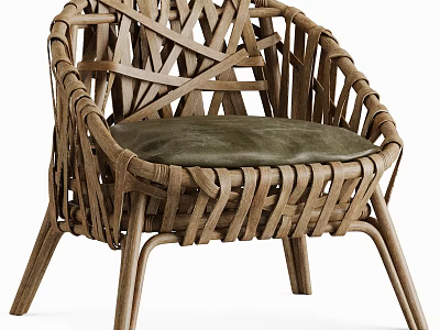 Natural Rattan Leisure Chair With Interwoven Back Design Green Leather Cushion And Wooden Legs 3d model