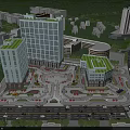 Modern Office Complex With Green Roofs Surrounded By Plaza Trees And Urban Roads