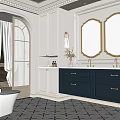 Bathroom Interior with Arched Door Blinds Light Gray Cabinets Black Vanity and Gold Framed Mirror