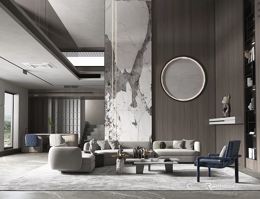 Modern Duplex Living Room With Spacious Layout Round Mirror And Marble Wall 3d model 