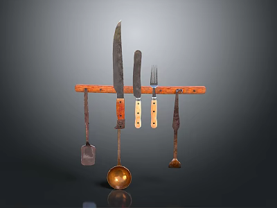 Kitchen Utensils Set Hanging On Wooden Rack With Knife Fork Spoon And Spatula 3d model