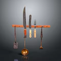 Kitchen Utensils Set Hanging On Wooden Rack With Knife Fork Spoon And Spatula