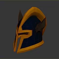3D Model Warrior Helmet Featuring Orange Blue Horned Design And Yellow Accent