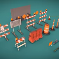 Road Construction Safety Equipment Collection With Barricades Cones Flags And Closed Signs