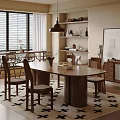 Wooden Dining Table Set With Chairs On Patterned Rug Near Window Blinds And Decorative Shelves