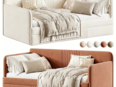 Modern Beige Brown Sofa Bed with Soft Pillows and Cozy Blankets Design 3d model