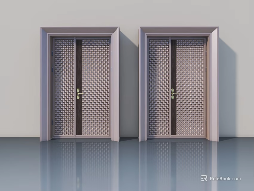 Modern Swing Doors With Lattice Pattern Dark Strips Golden Handles And Light Frames 3d model 