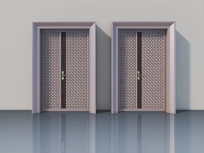 Modern Swing Doors With Lattice Pattern Dark Strips Golden Handles And Light Frames 3d model