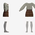 White Bow Detail Sweater And Brown Plaid Pleated Skirt Outfit With Belt Knee High Socks