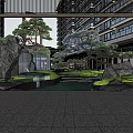 Modern Luxury Sales Office Lounge With Sofas Floor to Ceiling Windows Rockery and Greenery