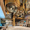 Elegant Traditional Modern Restaurant Interior With Wooden Ceiling Circular Pendant Light And Staircase