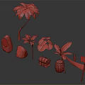 Wooden and Stone Elements with Palm Tree Small Plants Banana Leaf Chest Barrel and Sign