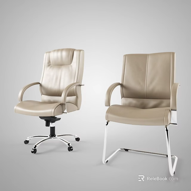 Beige Leather Office Chairs With Wheeled And Fixed Metal Frame Design 3d model 