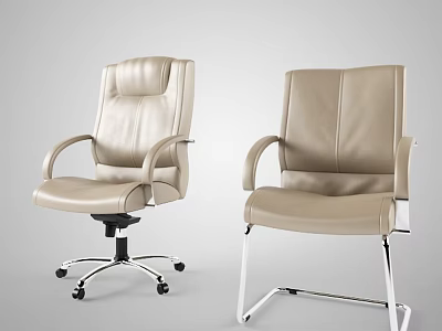 Beige Leather Office Chairs With Wheeled And Fixed Metal Frame Design 3d model