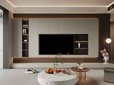 Modern Living Room TV Wall Design With Open Shelves And Coffee Table Decor 3d model