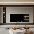 Modern Living Room TV Wall Design With Open Shelves And Coffee Table Decor