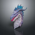 Mythical Dragon Head Game Character With Blue Purple Scales Horns And Open Mouth Sharp Teeth