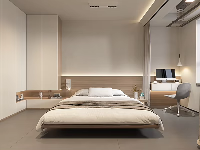 Modern Minimalist Bedroom Interior With Queen Bed Wooden Bedhead Wall White Wardrobe And Desk Chair 3d model