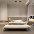 Modern Minimalist Bedroom Interior With Queen Bed Wooden Bedhead Wall White Wardrobe And Desk Chair
