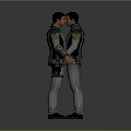 3D Character Model in Gray Tactical Outfit Showing Front and Back Views with Gear Details