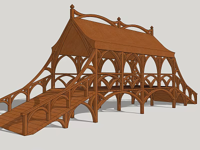 Traditional Wooden Bridge Featuring Arched Structure Decorative Roof And Ornate Supporting Pillars 3d model