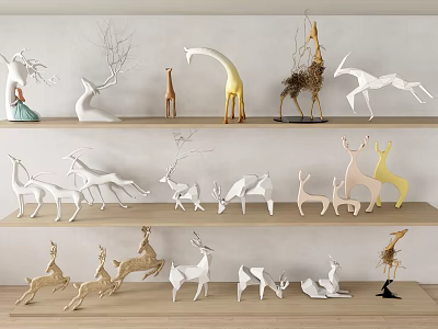 Silhouette Animal Home Decor Figurines in White Gold Brown on Wooden Shelves 3d model