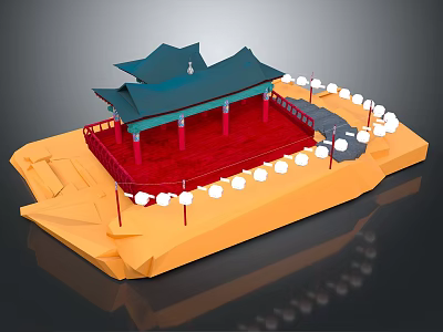 Traditional Asian Pavilion Architecture With Green Roof Red Platform And White Lanterns 3d model