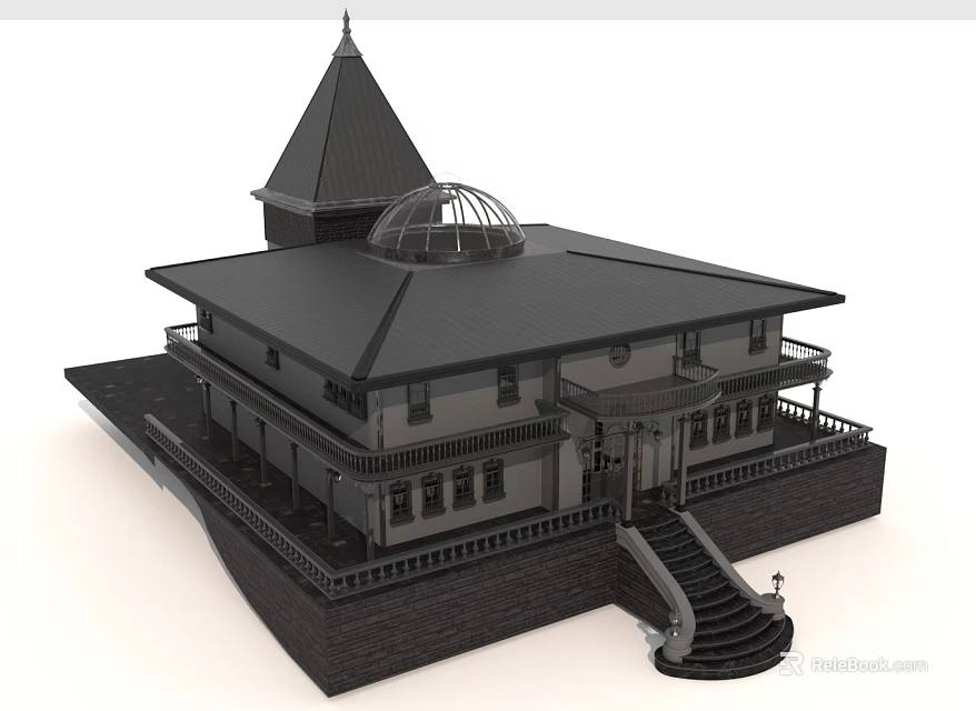 Classical Two Story Building With Spire Dome Black Roof And Balcony Staircase 3d model 