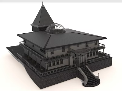 Classical Two Story Building With Spire Dome Black Roof And Balcony Staircase 3d model