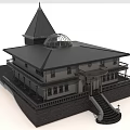 Classical Two Story Building With Spire Dome Black Roof And Balcony Staircase