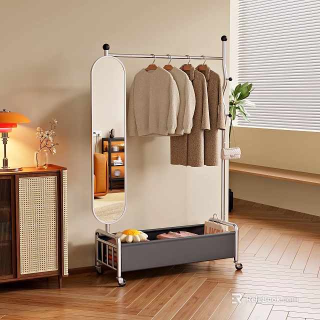 Rolling Clothes Rack With Mirror And Storage Basket Hanging Sweaters In Living Room 3d model 