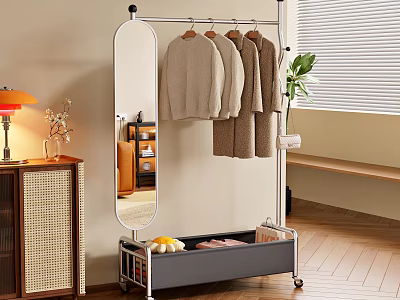 Rolling Clothes Rack With Mirror And Storage Basket Hanging Sweaters In Living Room 3d model