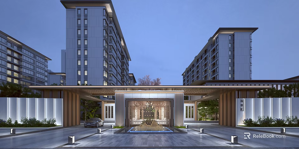 Modern Residential Entrance Gate With Central Water Fountain Flanking Buildings And Greenery 3d model 