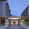 Modern Residential Entrance Gate With Central Water Fountain Flanking Buildings And Greenery