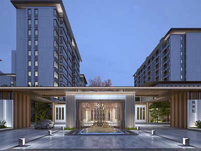 Modern Residential Entrance Gate With Central Water Fountain Flanking Buildings And Greenery 3d model