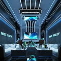 Modern KTV Room Interior With Blue Neon Lights Circular Screens And Comfortable Sofas 3d model