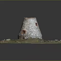 Cartoon Scene with Conical Stone Tower Small Windows Grass and Stones on Base Platform