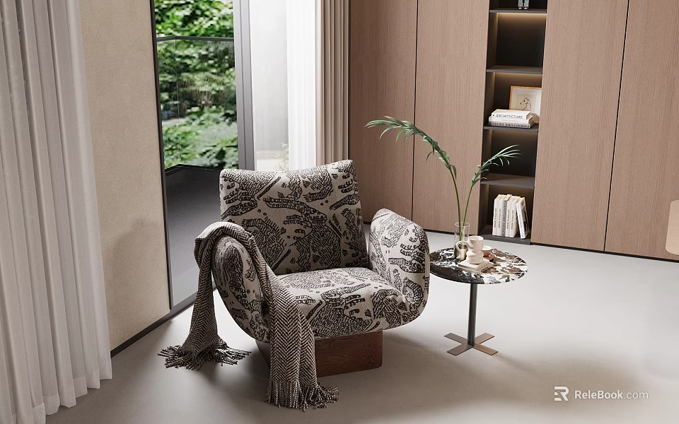 Patterned Accent Chair with Knitted Blanket Potted Plant on Side Table and Garden View Window 3d model 