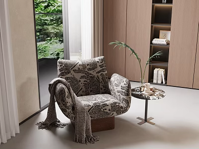 Patterned Accent Chair with Knitted Blanket Potted Plant on Side Table and Garden View Window 3d model